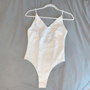 Small White Bodysuit V Neck with Open Back